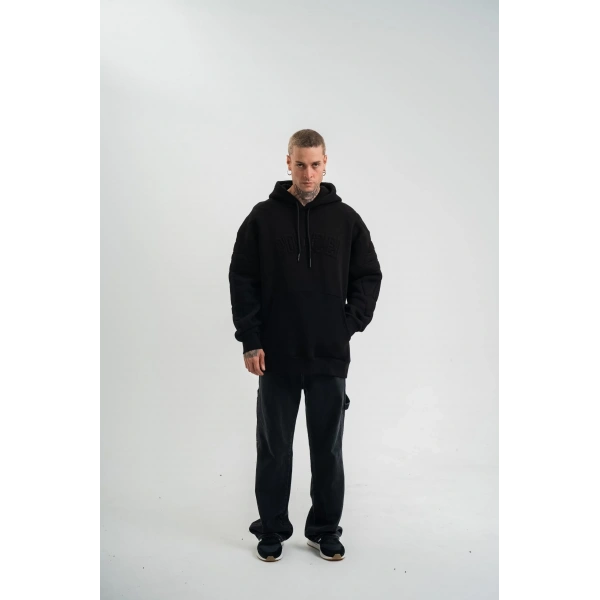 Erkek 3 İplik Pamuklu Oversize Kapüşonlu Nakışlı Hoodie SweatShirt - Siyah