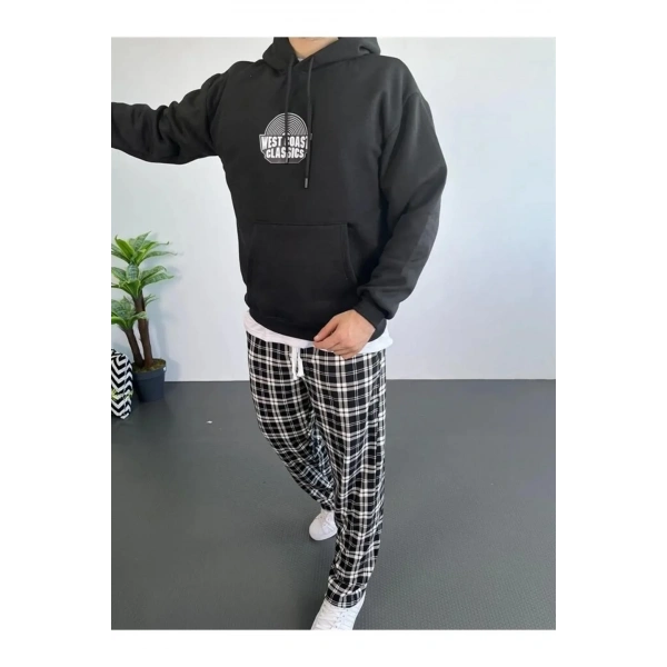 Erkek Kapüşonlu Kanguru Cepli Sweatshirt 3 İplik Pamuklu Baskılı Hoodie - Siyah