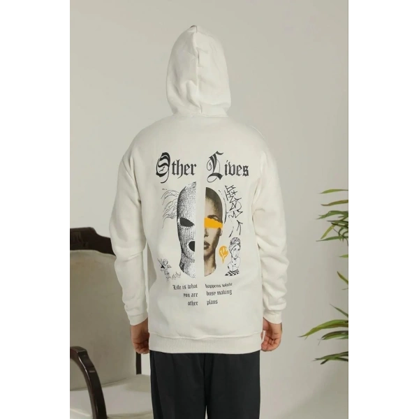 Erkek Kapüşonlu Kanguru Cepli Sweatshirt 3 İplik Pamuklu Baskılı Hoodie - Beyaz