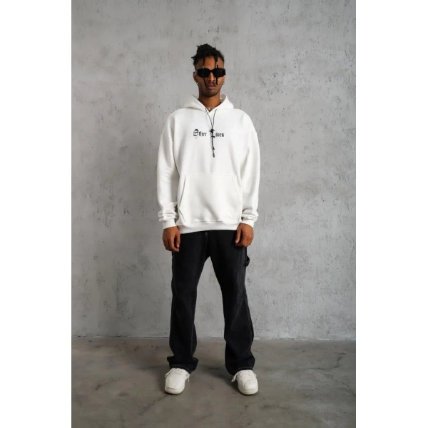 Erkek Kapüşonlu Kanguru Cepli Sweatshirt 3 İplik Pamuklu Baskılı Hoodie - Beyaz