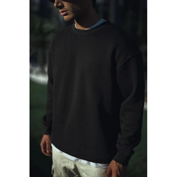Erkek pamuklu Bisiklet Yaka 3 İplik Basic SweatShirt - Siyah