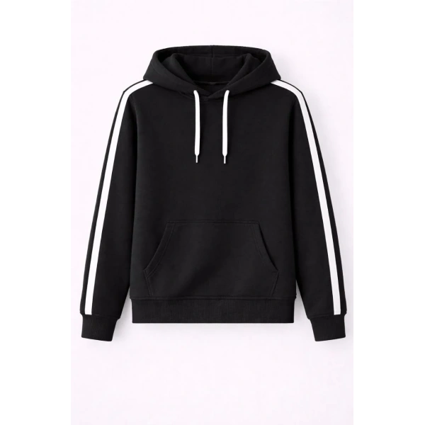 Erkek Şeritli Kapüşonlu Sweatshirt Oversize 3 iplik Pamuklu Hoodei - Siyah