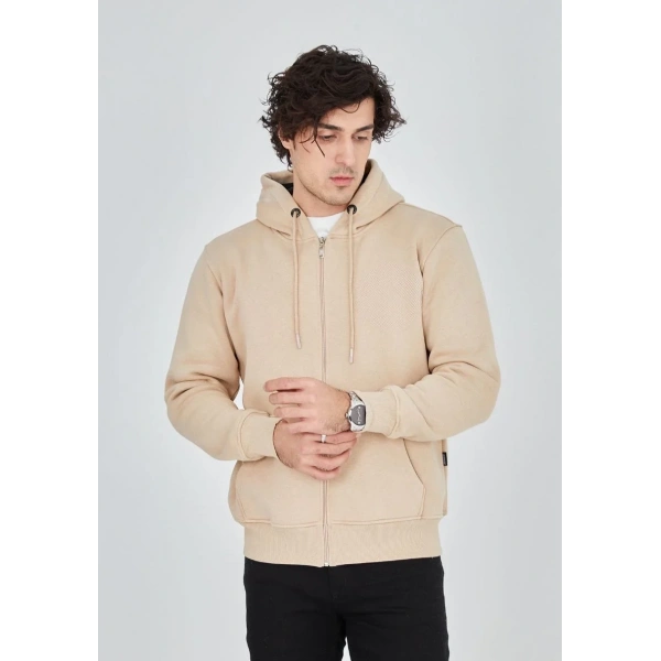 Erkek 3 İplik Pamuklu Kapüşonlu Tam Fermuarlı Cepli Hoodie Sweatshirt - Bej