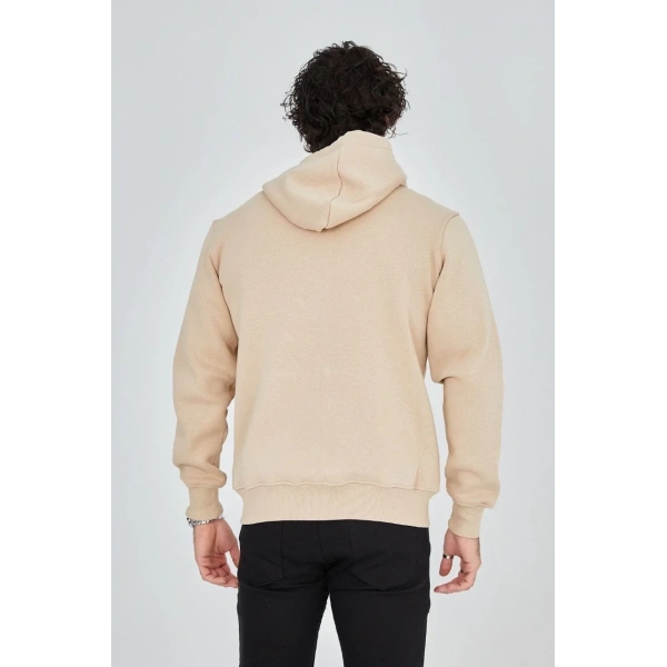 Erkek 3 İplik Pamuklu Kapüşonlu Tam Fermuarlı Cepli Hoodie Sweatshirt - Bej