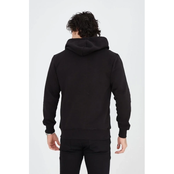 Erkek 3 İplik Pamuklu Kapüşonlu Tam Fermuarlı Cepli Hoodie Sweatshirt - Siyah