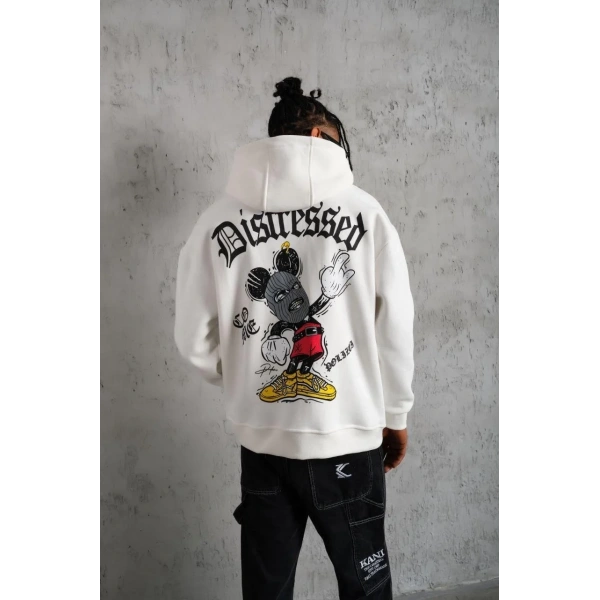 Erkek 3 İplik Pamuklu Kapüşonlu Baskılı Cepli Oversize Sweatshirt Hoodie - Beyaz