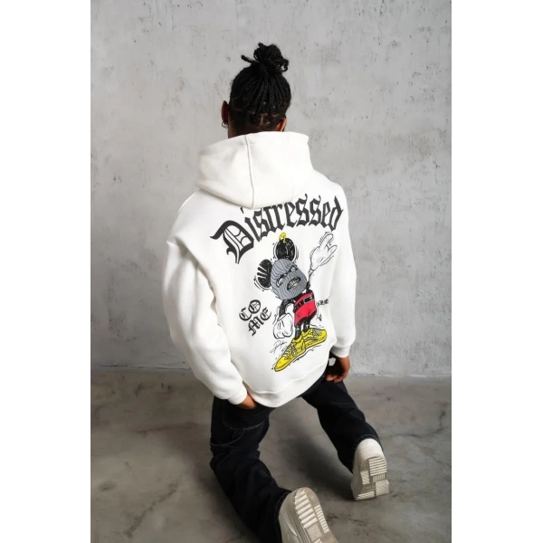 Erkek 3 İplik Pamuklu Kapüşonlu Baskılı Cepli Oversize Sweatshirt Hoodie - Beyaz