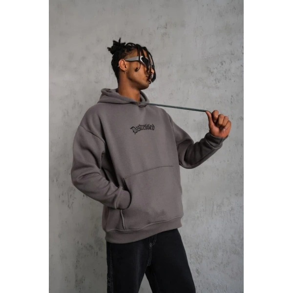 Erkek 3 İplik Pamuklu Kapüşonlu Kanguru Cepli Sweatshirt Hoodie -  Gri