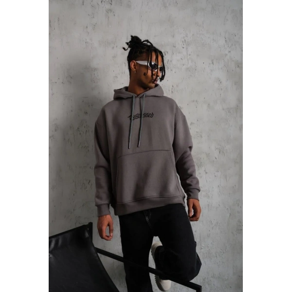 Erkek 3 İplik Pamuklu Kapüşonlu Kanguru Cepli Sweatshirt Hoodie -  Gri