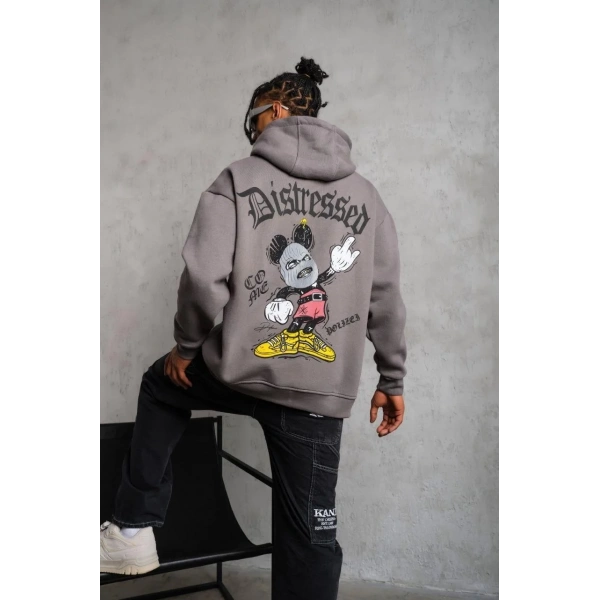 Erkek 3 İplik Pamuklu Kapüşonlu Kanguru Cepli Sweatshirt Hoodie -  Gri