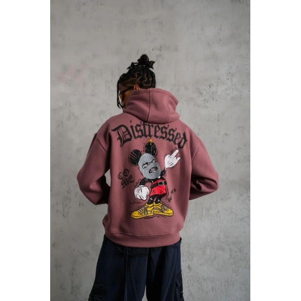 Erkek 3 İplik Pamuklu Kapüşonlu Kanguru Cepli Sweatshirt Hoodie - Gül Kurusu