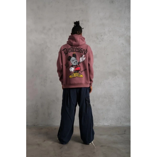 Erkek 3 İplik Pamuklu Kapüşonlu Kanguru Cepli Sweatshirt Hoodie - Gül Kurusu