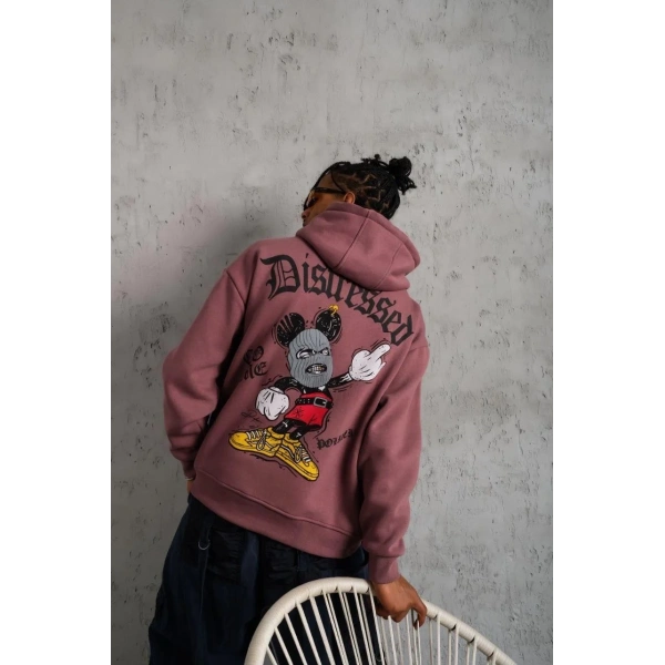 Erkek 3 İplik Pamuklu Kapüşonlu Kanguru Cepli Sweatshirt Hoodie - Gül Kurusu