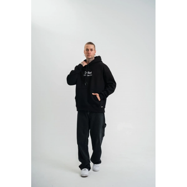 Erkek 3 İplik Pamuklu Kapüşonlu Baskılı Cepli Oversize Sweatshirt Hoodie - Siyah