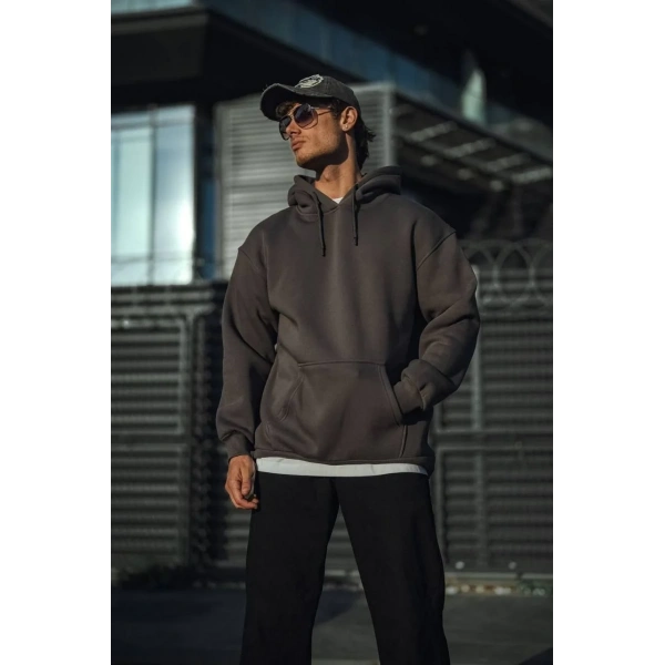 Erkek 3 İplik Pamuklu Kapüşonlu Basic SweatShirt Hoodie - Füme