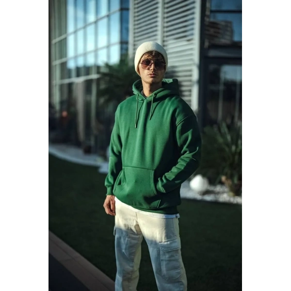Erkek 3 İplik Pamuklu Kapüşonlu Basic SweatShirt Hoodie - Haki
