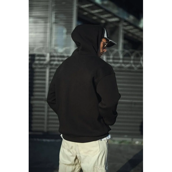 Erkek 3 İplik Pamuklu Kapüşonlu Basic SweatShirt Hoodie - Siyah