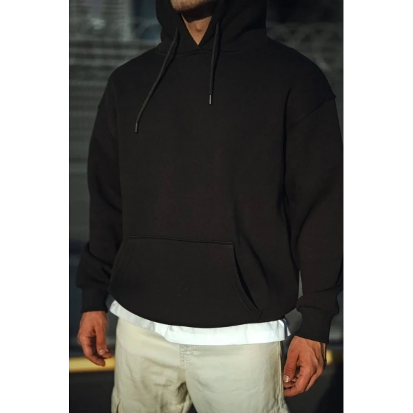 Erkek 3 İplik Pamuklu Kapüşonlu Basic SweatShirt Hoodie - Siyah