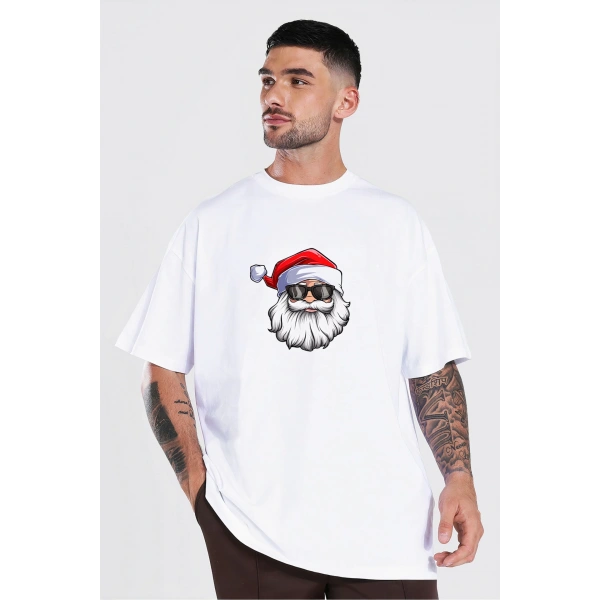 Erkek Yılbaşı Tişört Kısa kol Yazlık Gözlüklü Noel Baba Baskılı T-shirt - Beyaz