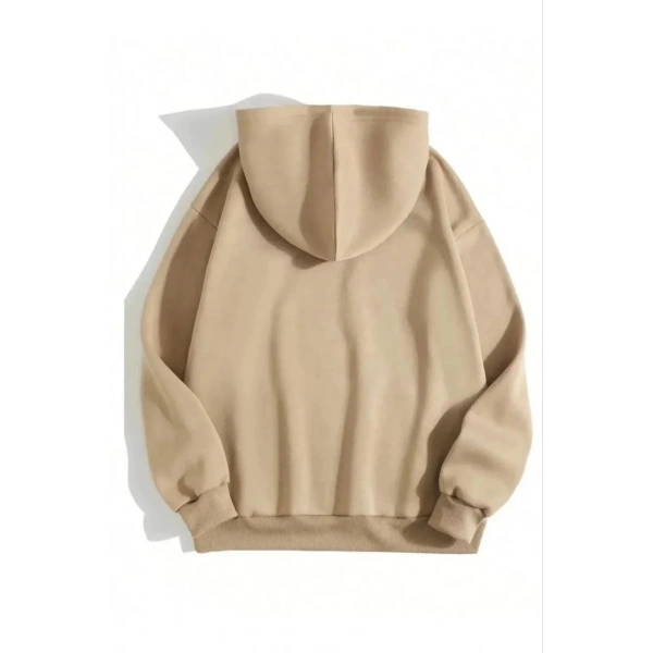 Kadın Kapüşonlu Kanguru Cepli 3 İplik Pamuklu Düz Hoodie Sweatshirt - Bej