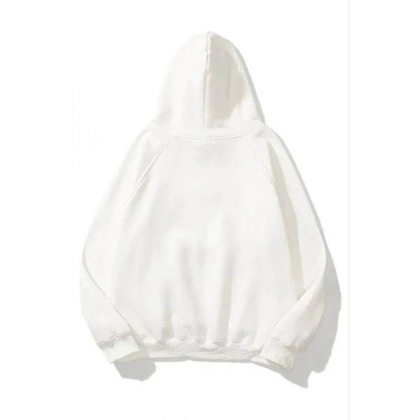 Kadın Kapüşonlu Kanguru Cepli 3 İplik Pamuklu Düz Hoodie Sweatshirt - Beyaz