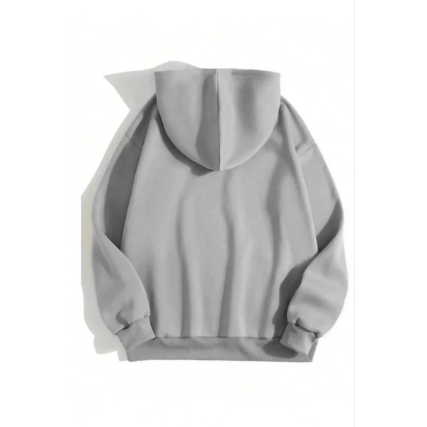 Kadın Kapüşonlu Kanguru Cepli 3 İplik Pamuklu Düz Hoodie Sweatshirt - Gri