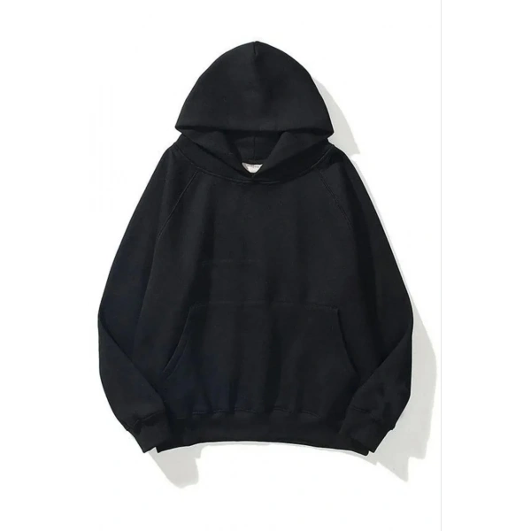 Kadın Kapüşonlu Kanguru Cepli 3 İplik Pamuklu Düz Hoodie Sweatshirt - Siyah