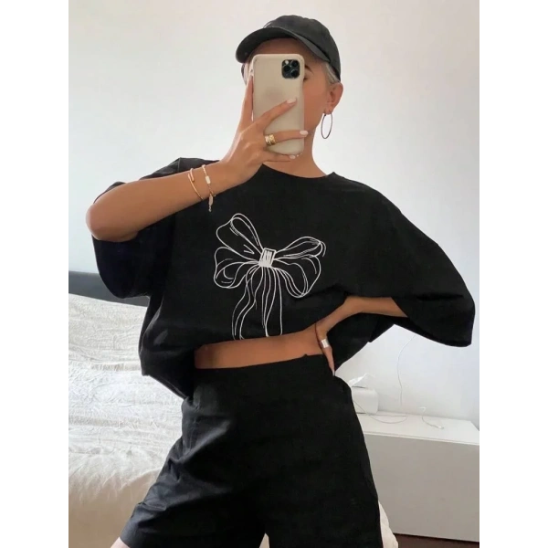 Kadın Fiyonk Baskılı T-Shirt Kısa Kol Bisiklet Yaka Oversize Tişört - Siyah