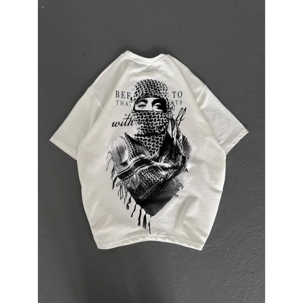Kadın Kısa Kol Tişört Bisiklet Yaka Filistin Poşülü Baskılı T-Shirt - Beyaz