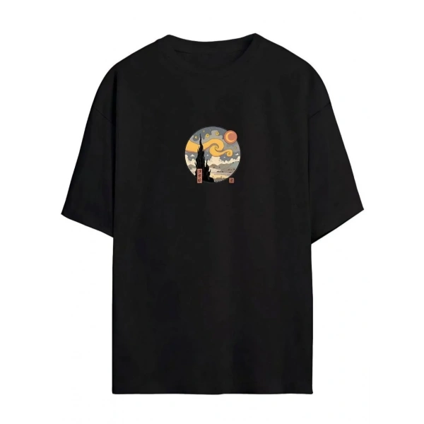 Kadın Baskılı T-Shirt Kısa Kol Bisiklet Yaka Oversize Rahat Kalıp Tişört - Siyah