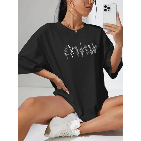 Kadın Baskılı T-Shirt Kısa Kol Bisiklet Yaka Oversize Rahat Kalıp Tişört - Siyah