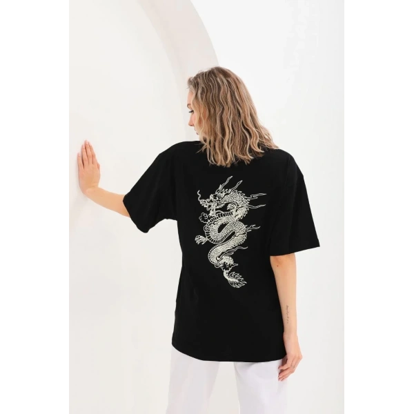 Kadın Kısa Kol Yazlık Tişört Bisiklet Yaka Ejderha Baskılı T-Shirt - Siyah