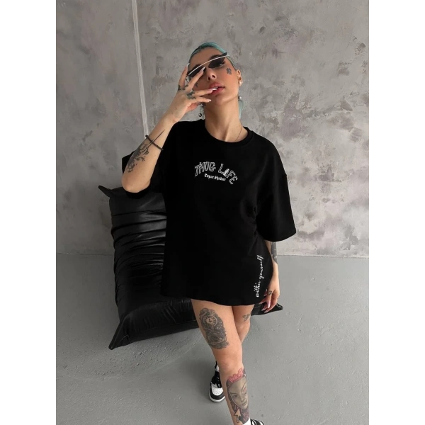 Kadın Kısa Kol Tişört Bisiklet Yaka Filistin Poşülü Baskılı T-Shirt - Siyah