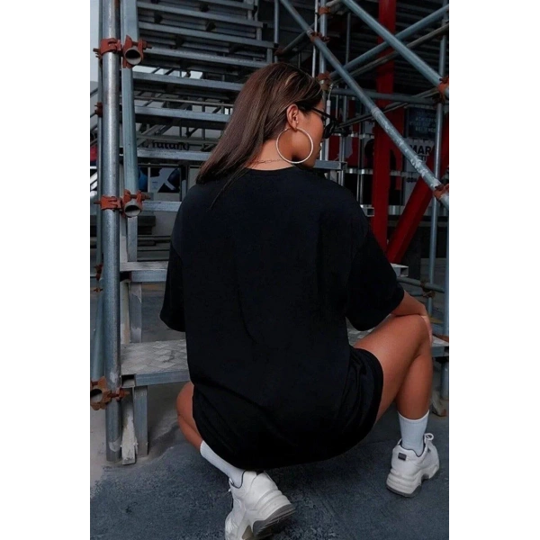Kadın Baskılı T-Shirt Kısa Kol Bisiklet Yaka Oversize Rahat Kalıp Tişört - Siyah