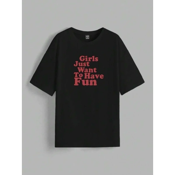 Kadın Baskılı Oversize Kısa kol T-shirt - Siyah