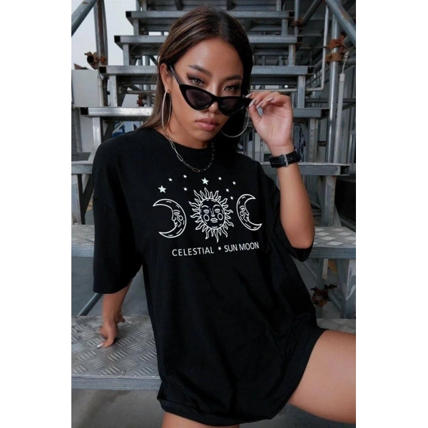 Kadın Baskılı T-Shirt Kısa Kol Bisiklet Yaka Oversize Rahat Kalıp Tişört - Siyah