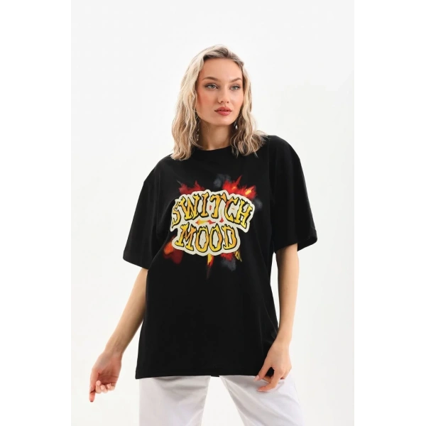 Kadın Kısa Kol Yazlık Tişört Bisiklet Yaka Ejderha Baskılı T-Shirt - Siyah
