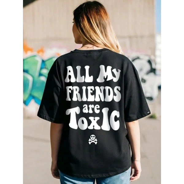Kadın Kısa Kol Yazlık Tişört Bisiklet Yaka Baskılı Oversize T-Shirt - Siyah