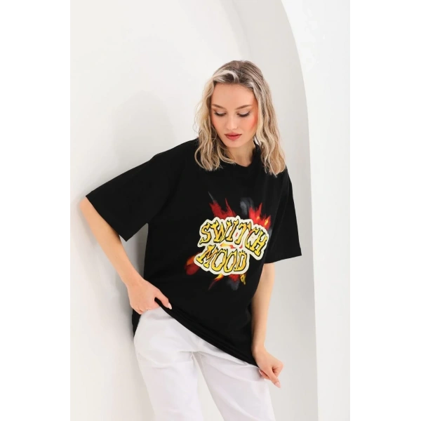Kadın Kısa Kol Yazlık Tişört Bisiklet Yaka Ejderha Baskılı T-Shirt - Siyah