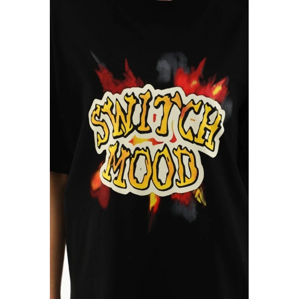 Kadın Kısa Kol Yazlık Tişört Bisiklet Yaka Ejderha Baskılı T-Shirt - Siyah