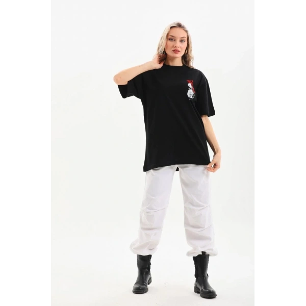 Kadın Kısa Kol Yazlık Tişört Bisiklet Yaka Baskılı Oversize T-Shirt - Siyah