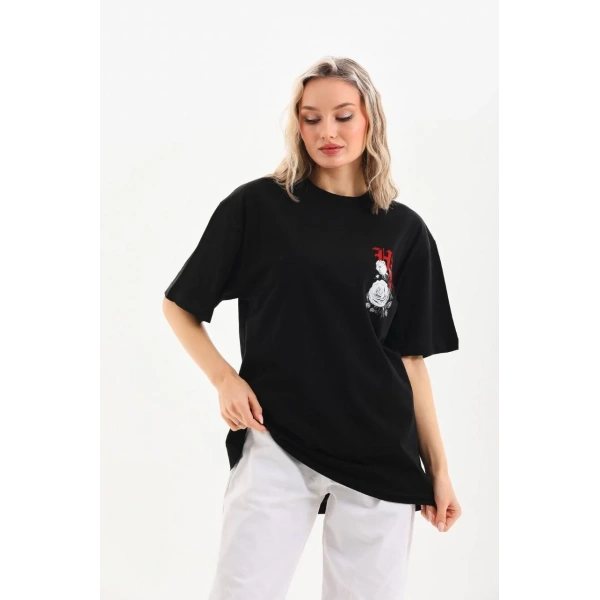 Kadın Kısa Kol Yazlık Tişört Bisiklet Yaka Baskılı Oversize T-Shirt - Siyah