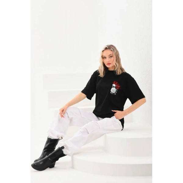 Kadın Kısa Kol Yazlık Tişört Bisiklet Yaka Baskılı Oversize T-Shirt - Siyah