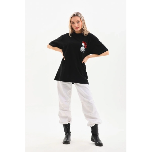 Kadın Kısa Kol Yazlık Tişört Bisiklet Yaka Baskılı Oversize T-Shirt - Siyah