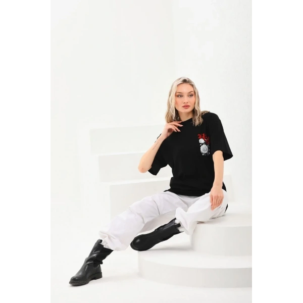 Kadın Kısa Kol Yazlık Tişört Bisiklet Yaka Baskılı Oversize T-Shirt - Siyah