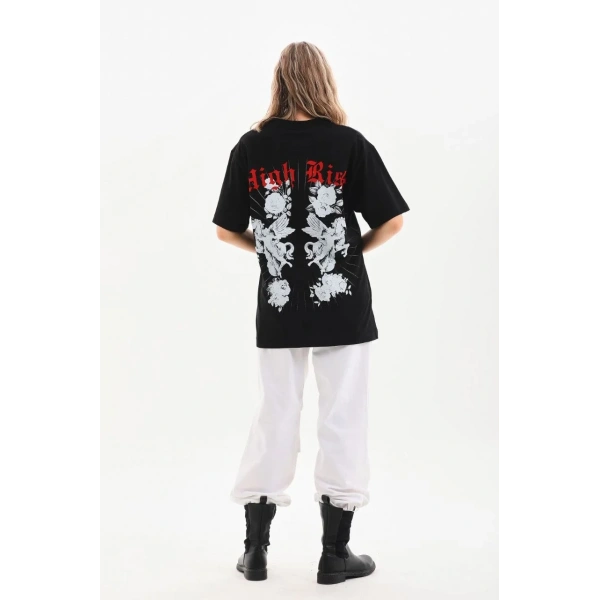 Kadın Kısa Kol Yazlık Tişört Bisiklet Yaka Baskılı Oversize T-Shirt - Siyah