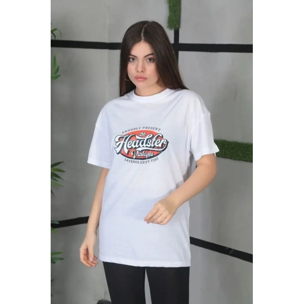 Kadın Kısa Kol Yazlık Tişört Bisiklet Yaka Baskılı Oversize T-Shirt - Beyaz