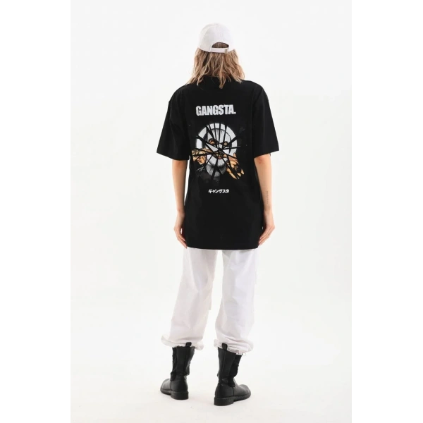 Kadın Kısa Kol Yazlık Tişört Bisiklet Yaka Baskılı Oversize T-Shirt - Siyah
