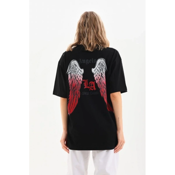 Kadın Baskılı Tişört Kısa Kol Bisiklet Yaka Oversize T-Shirt - Siyah