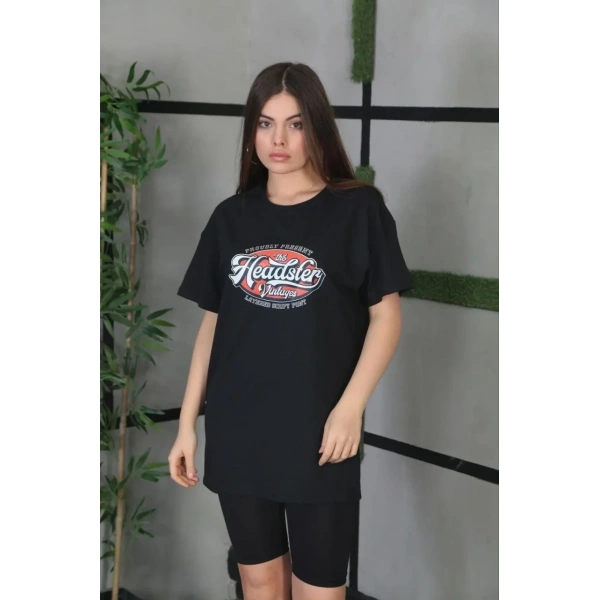 Kadın Kısa Kol Yazlık Tişört Bisiklet Yaka Baskılı Oversize T-Shirt - Siyah